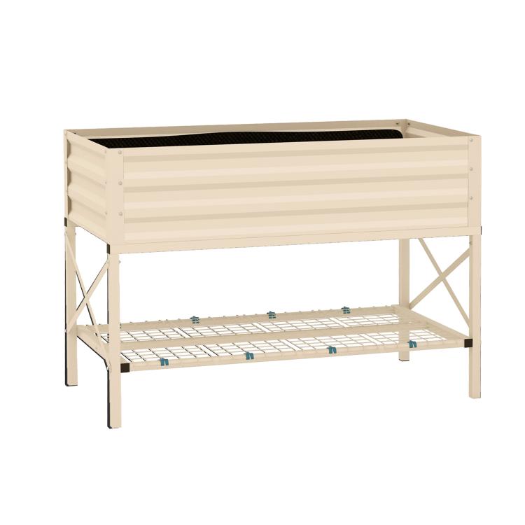 Cream metal planter box with raised sides, support legs, and storage shelf