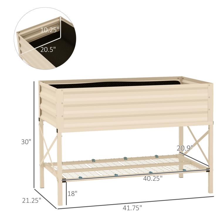 Cream metal raised garden bed with legs, bottom shelf shown with size measurements