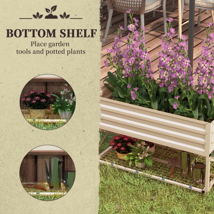 Cream raised garden bed showing bottom shelf with potted plants and flowers