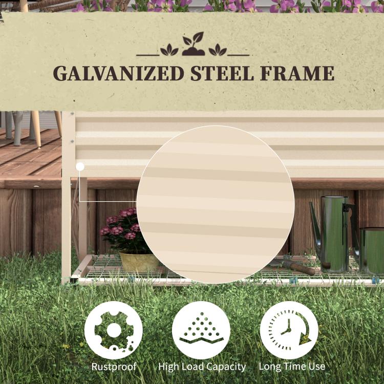 Cream metal raised garden bed frame with bottom grid shelf on legs