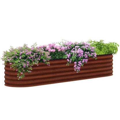 Brown galvanized raised garden bed kit with ribbed metal sides and safety edging