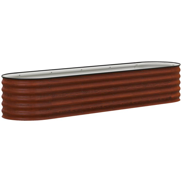 Brown corrugated metal planter box with silver top rim and safety edging, long rectangle