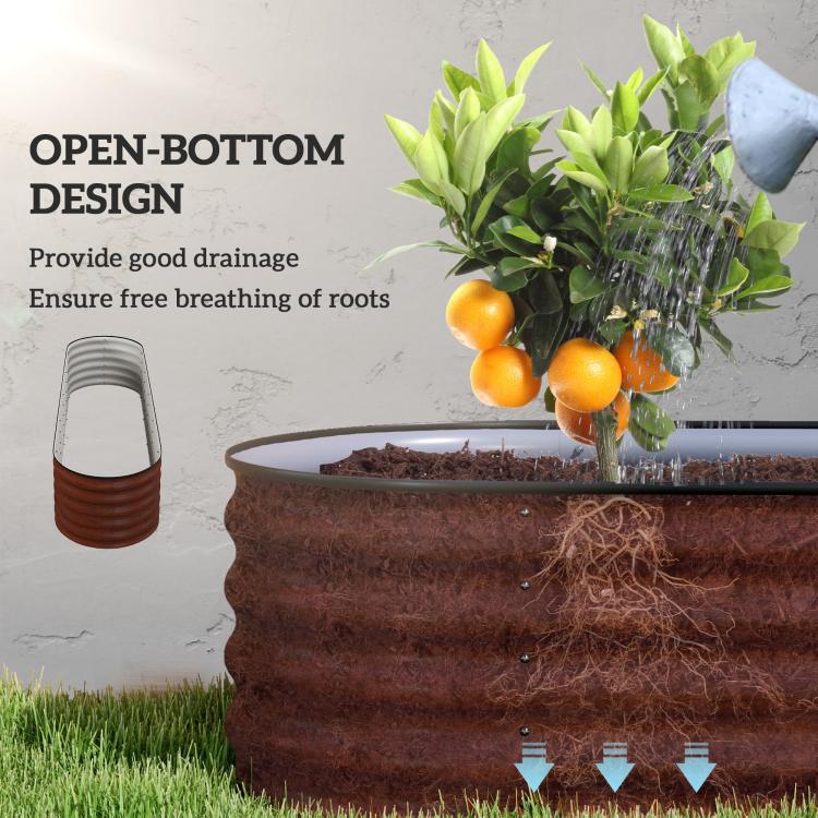 Brown metal raised garden bed with open bottom and soil-filled interior