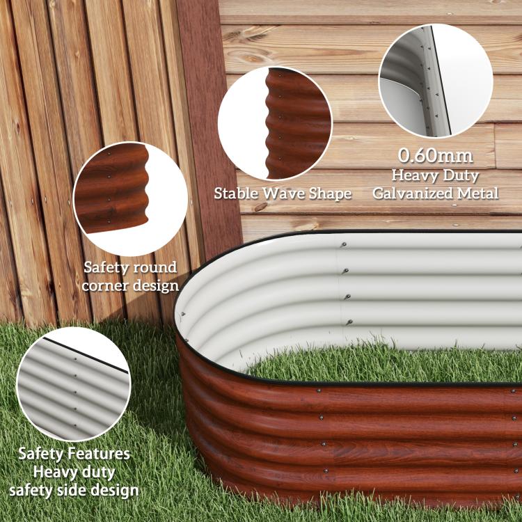Heavy-duty galvanized metal planter bed with brown ribbed sides and safety round corners