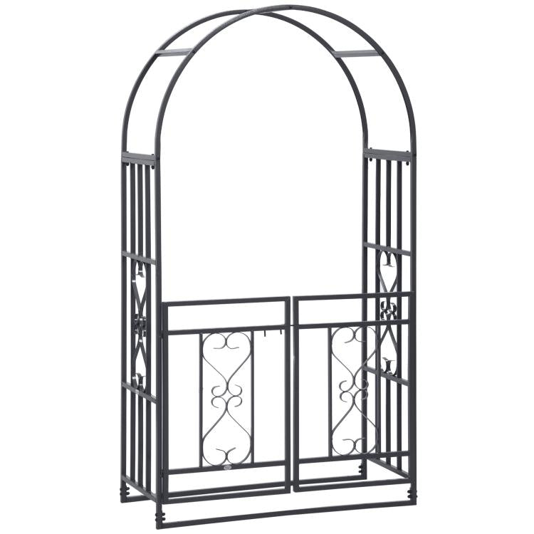 Grey metal garden archway arbor with double locking gate doors and heart motifs