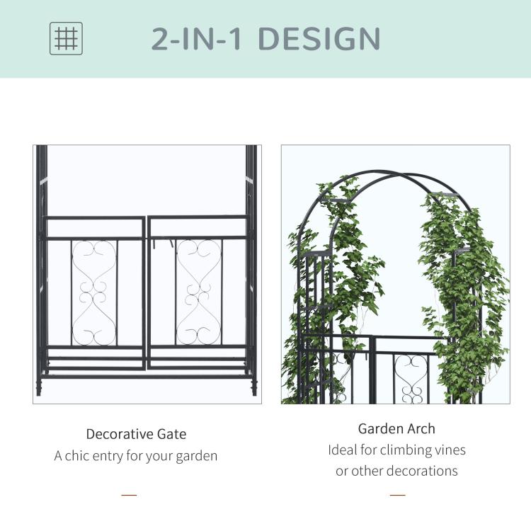 Grey metal decorative garden gate with arched top and heart scrollwork panels
