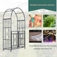 Grey metal garden arbor gate with arched frame, double doors, and heart motif inserts