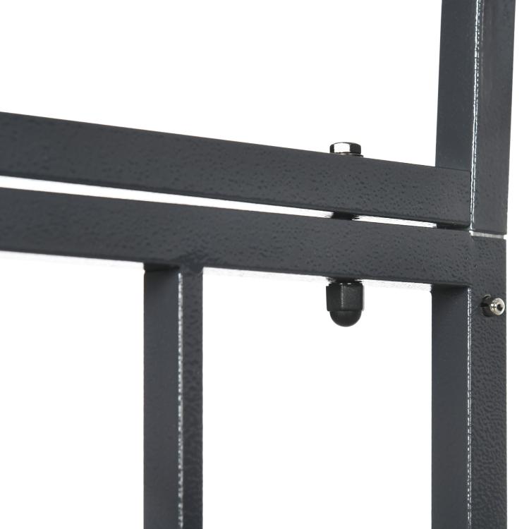 Grey metal garden arbor latch and hinge detail on crossbar