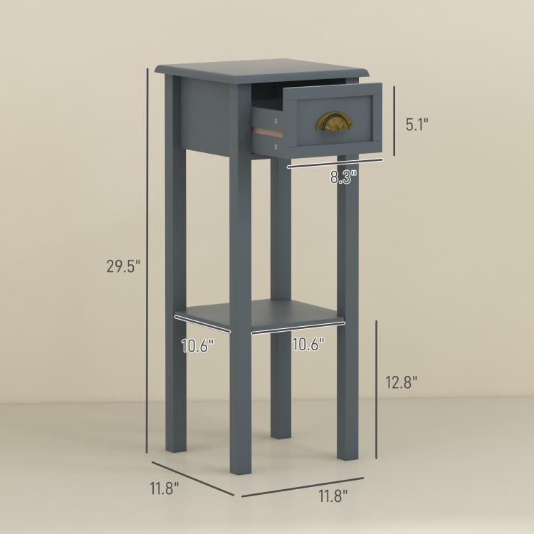 Gray tall side table with drawer and open shelf base; straight legs, square top.