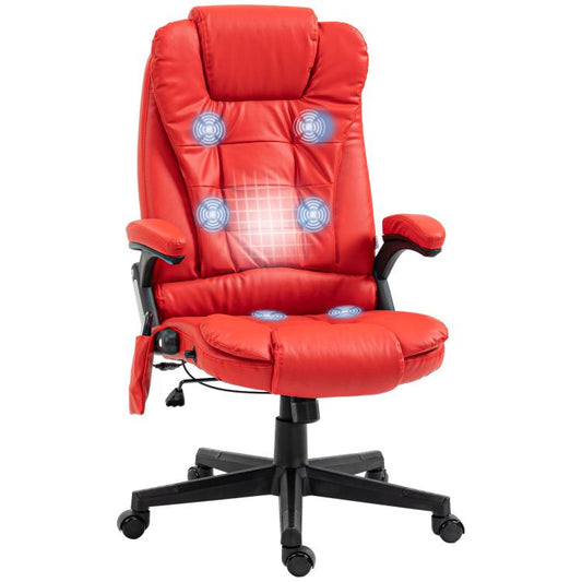 Red massage office chair with padded headrest, armrests, and circular vibration panels