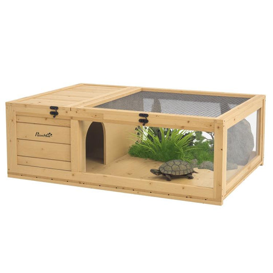 Light wood reptile enclosure with open front tunnel and mesh top