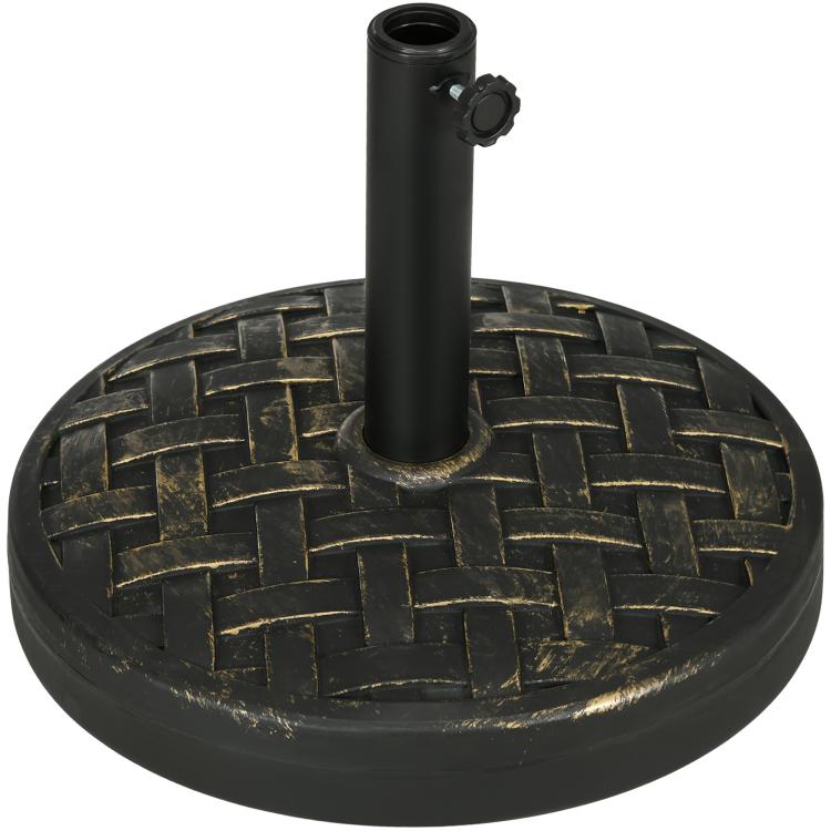 Round concrete umbrella base with metal umbrella holder and black pole