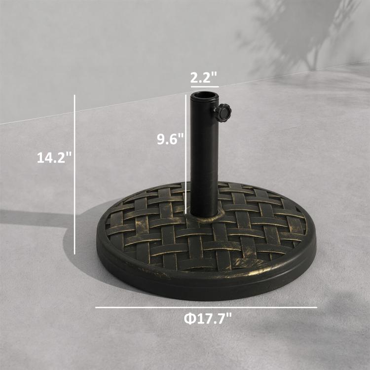 Round black umbrella base plate with center pole socket and woven pattern