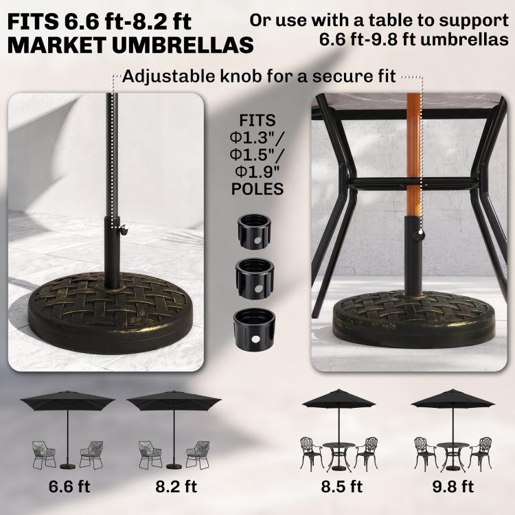 Umbrella base stand showing pole socket and adjustable fit components