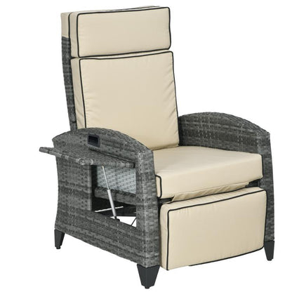 Outdoor reclining lounge chair with beige cushions, armrests, and side tray table