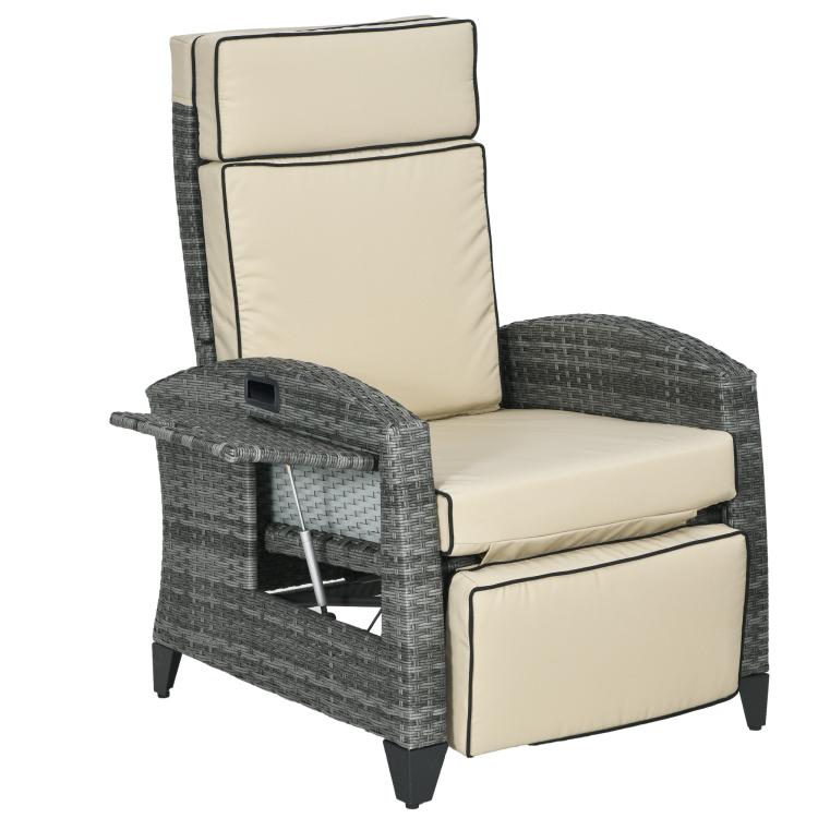 Outdoor recliner lounge chair with khaki cushions, gray woven frame, tray table