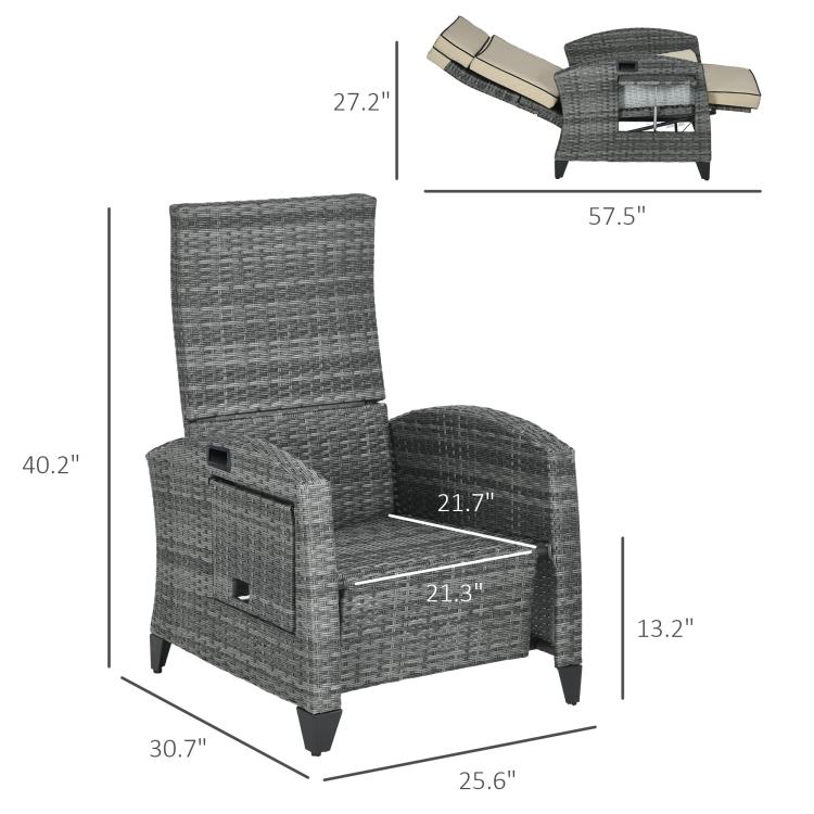 Measured outdoor reclining lounge chair with beige cushions and gray frame dimensions