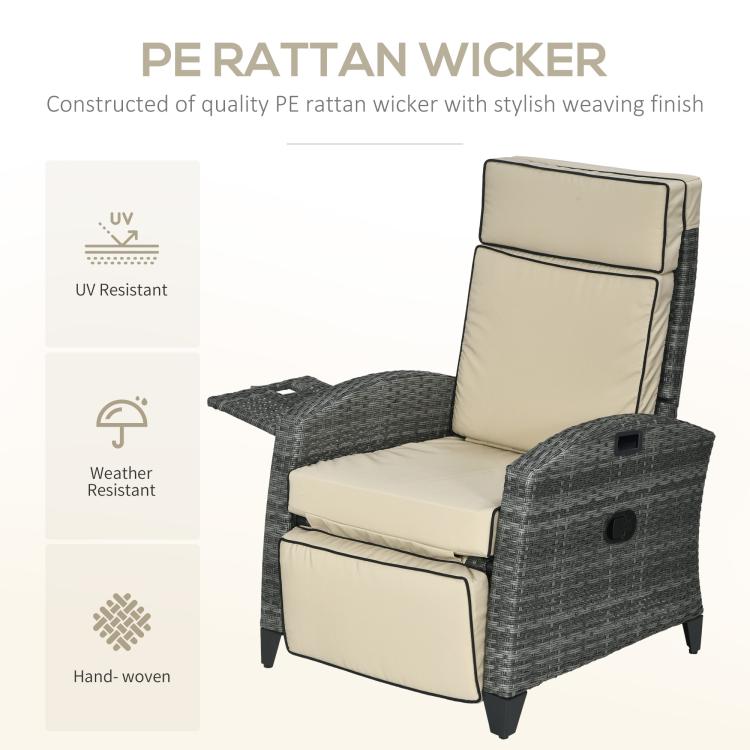 Outdoor reclining lounge chair with beige cushions, gray wicker frame, and UV/water resistant design