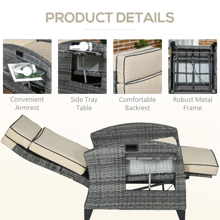 Outdoor reclining lounge chair details: side tray table, robust metal frame, comfort cushions
