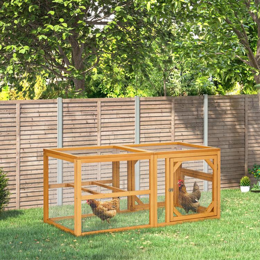 Outdoor wooden chicken run add-on with wire mesh enclosure and two hens inside