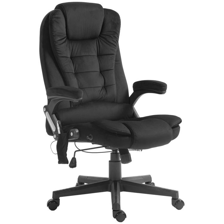 Black high-back office chair with padded headrest, armrests, and extended footrest
