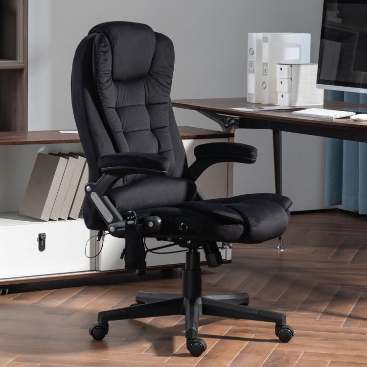 Black high-back office chair with reclined padded back and adjustable arms