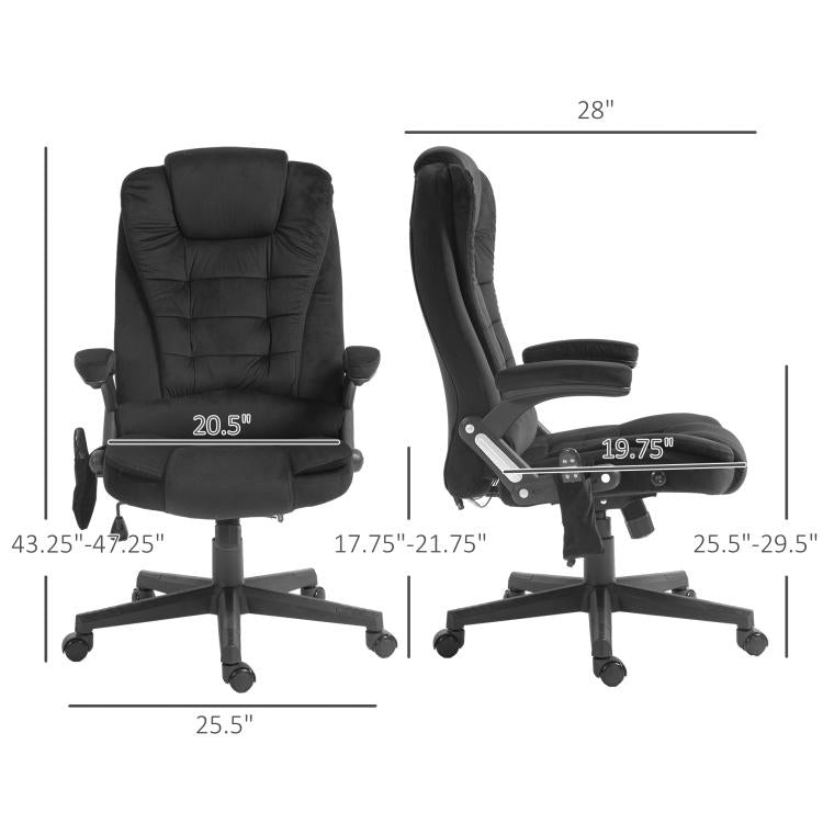 Black office chair dimensions diagram showing high back and leg rest