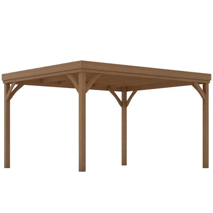 Brown wooden pergola with corner posts and open slatted roof beams