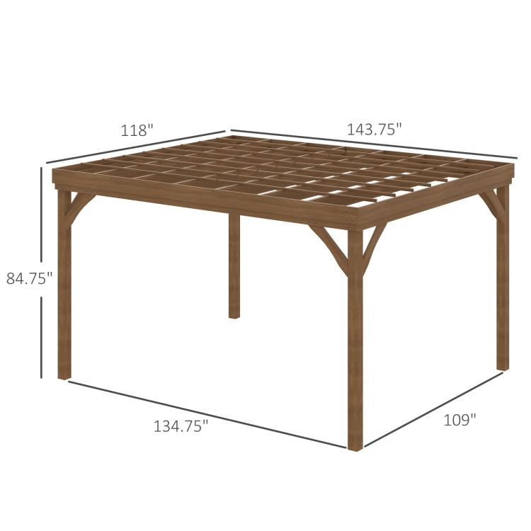 Brown wooden pergola dimension diagram with slatted top and corner posts