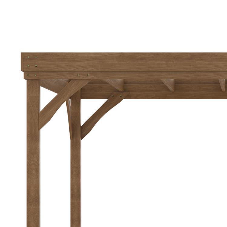 Brown wooden pergola side beam with diagonal support braces and slatted roof