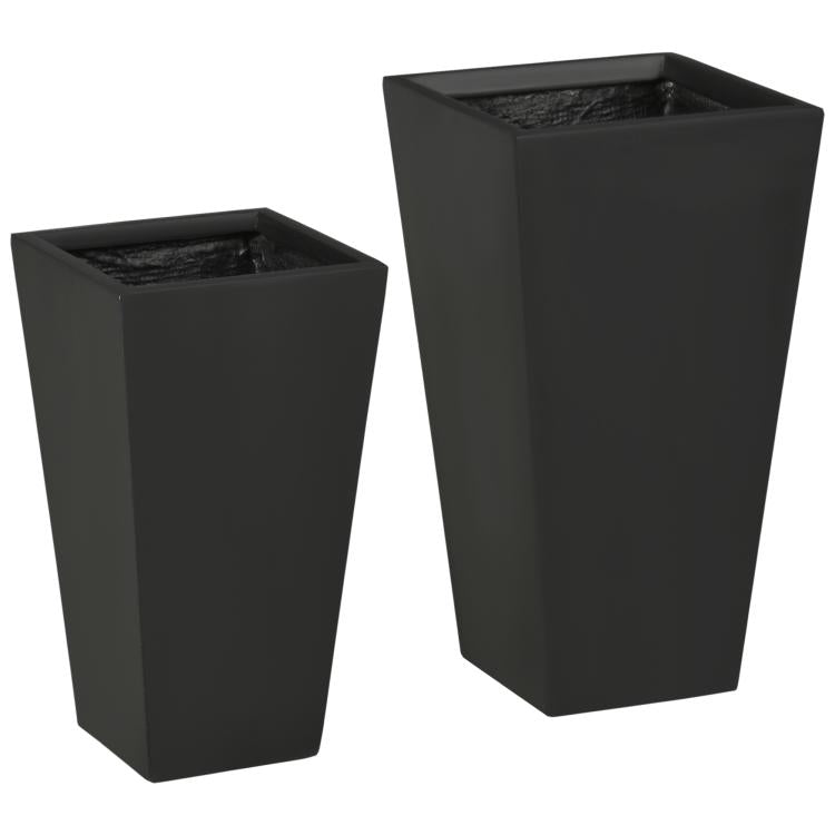 Set of 2 stackable square planters, black, with drainage holes, two different sizes