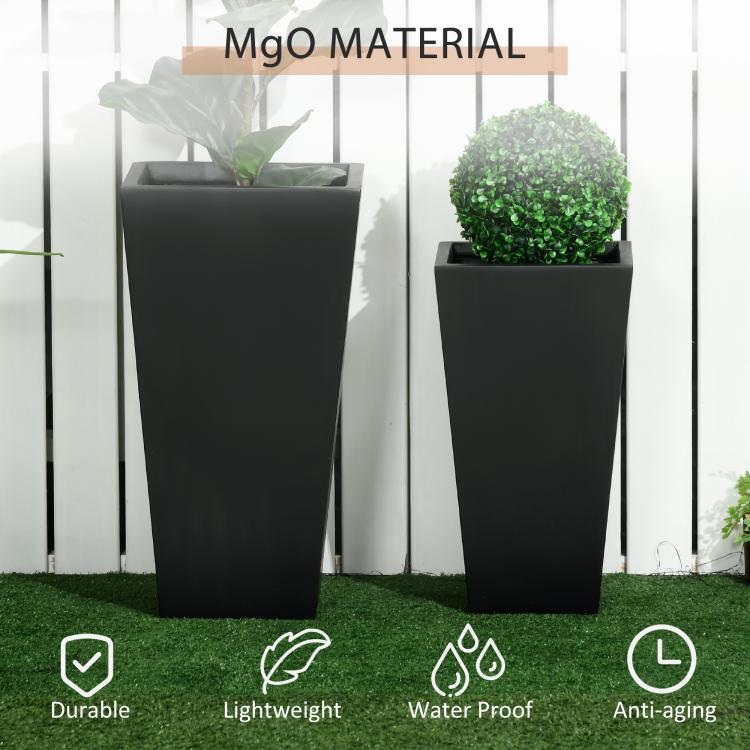 Pair of black outdoor square planters with plants