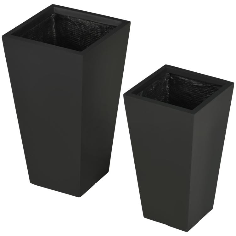 Pair of black square planters with textured dark inner liners