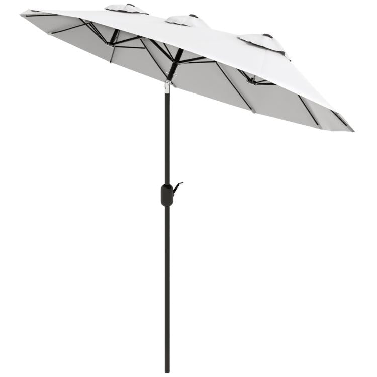 White patio umbrella with open canopy and segmented rib framework