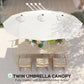 White patio umbrella canopy viewed from above with vented panels