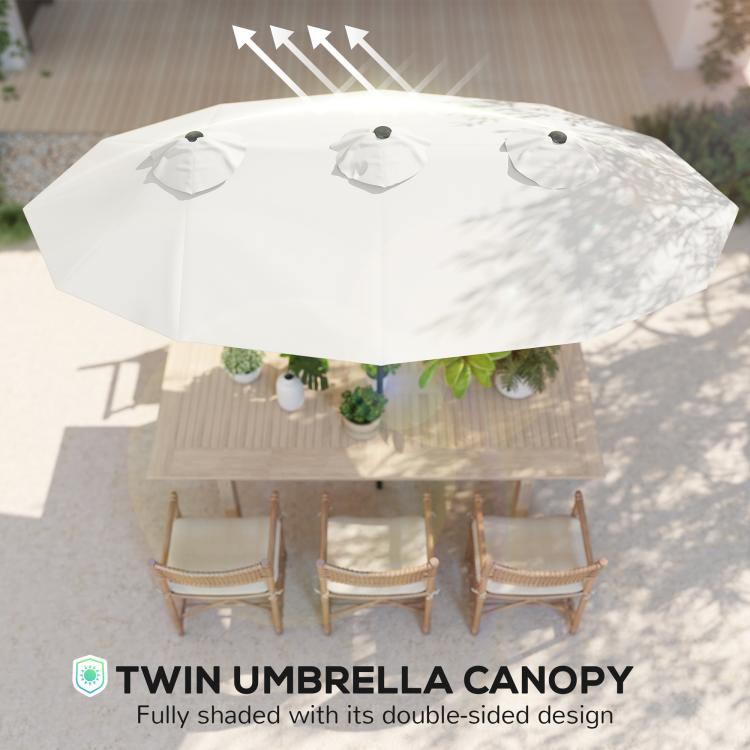 White patio umbrella canopy viewed from above with vented panels