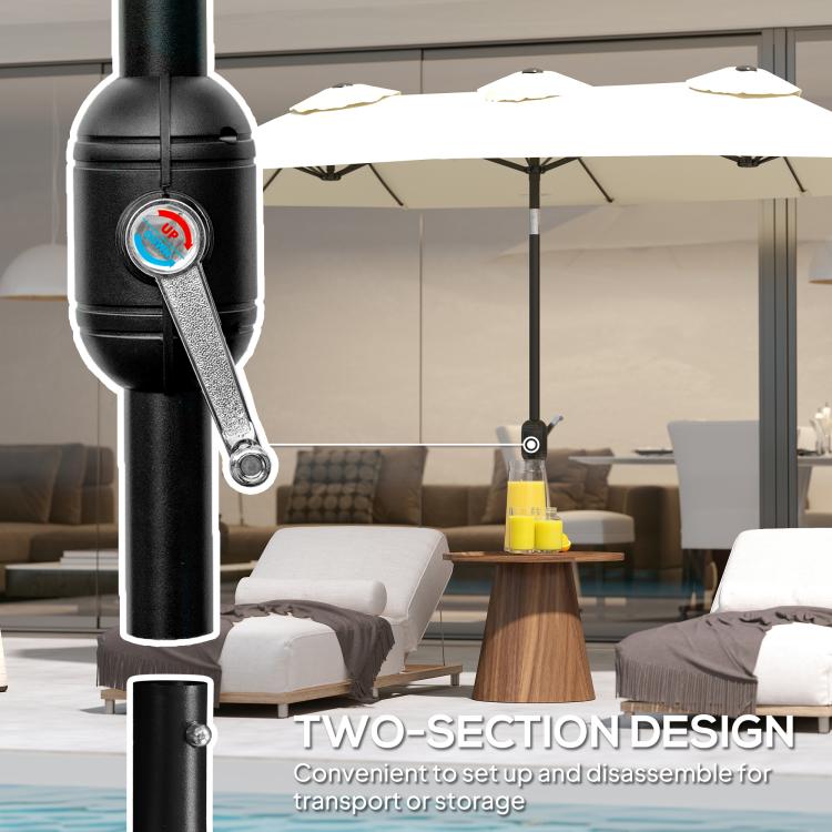 White patio umbrella with two-section pole design and crank arm