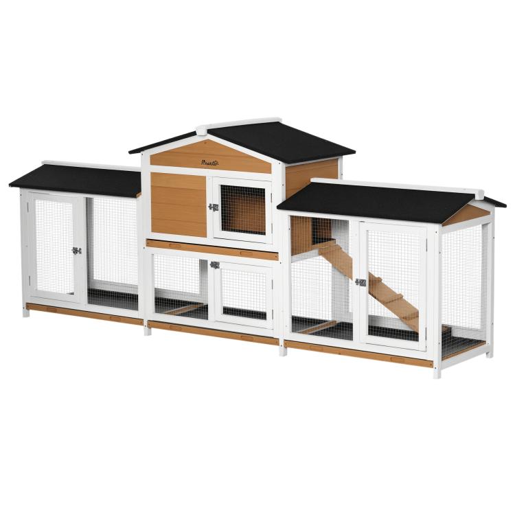Wooden rabbit hutch with white wire runs, black roofs, and central house plus ramp