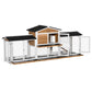 White rabbit hutch enclosure with two side run sections, black tops, and wooden ramp