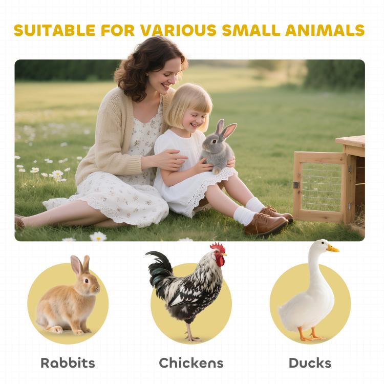 White wooden rabbit hutch with wire mesh sides and ramp, black roof panel