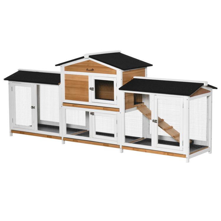 White and natural wood rabbit hutch with double side runs, wire mesh, ramp, black roofs