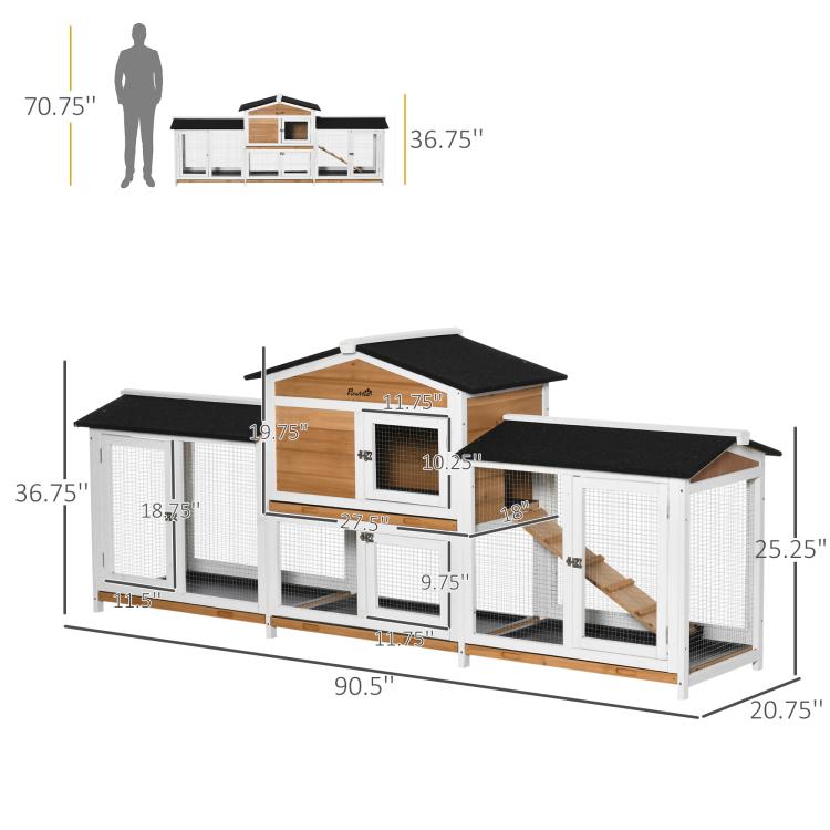 Rabbit hutch with two side runs, wooden ramp, and white wire mesh, with dimension view