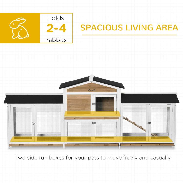 Wooden rabbit hutch with spacious double side runs, black roof, and front door