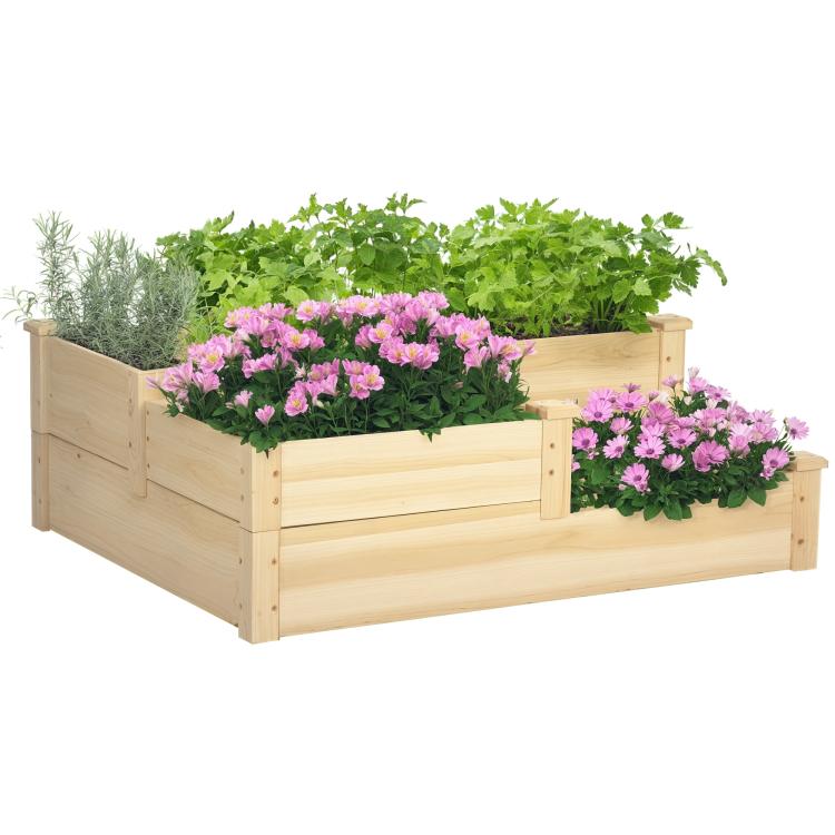 Three-tier raised wooden planter box in natural finish with pink flowers and green foliage
