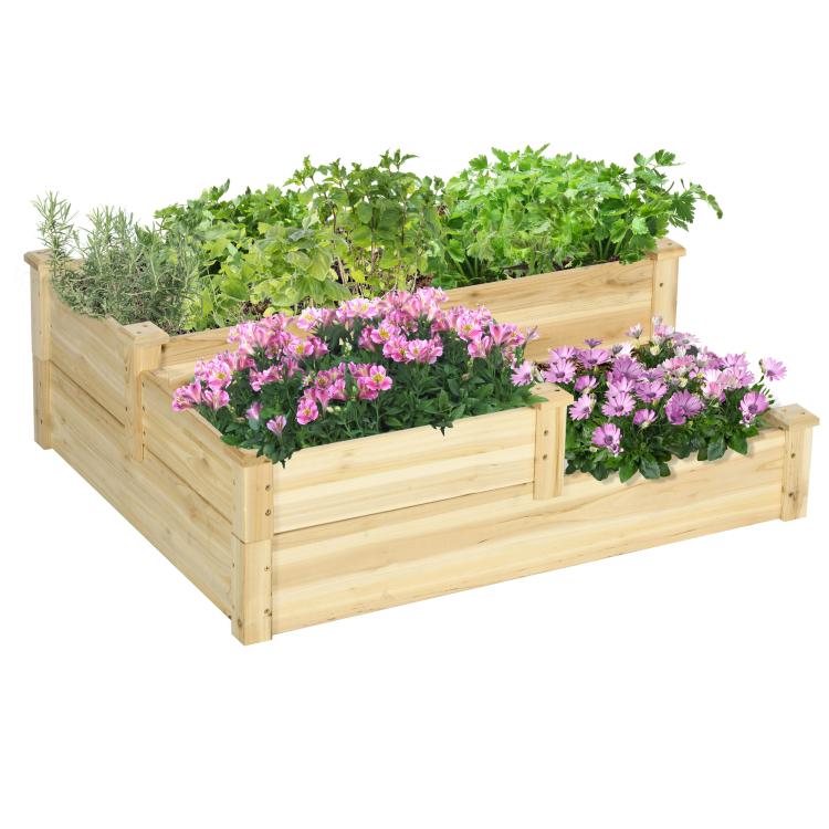 Three-tier raised wooden planter box with natural wood and pink flower clusters
