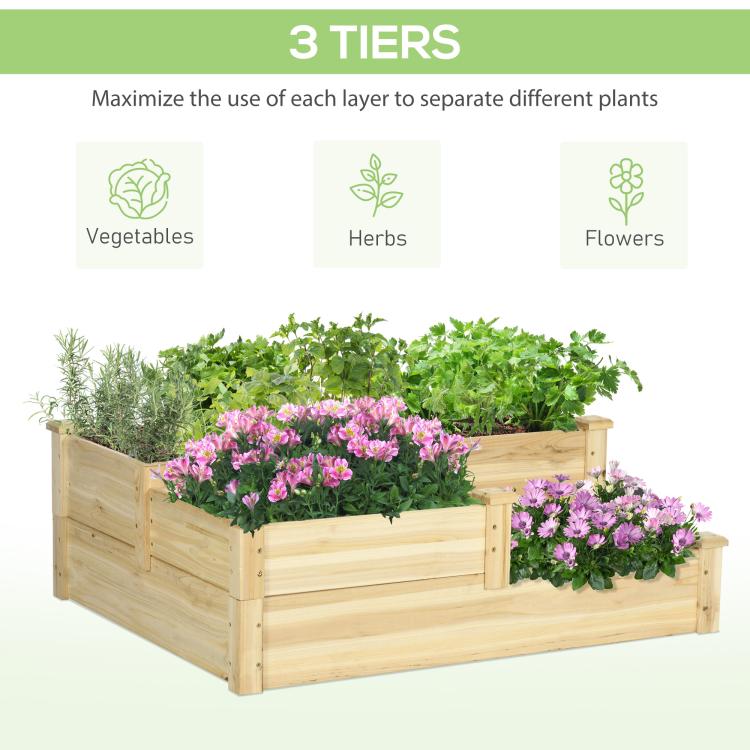 3-tier wooden raised planter box with natural finish and pink and green plants