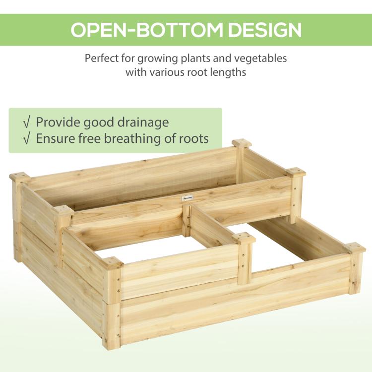 Wooden 3-tier raised planter box with open-bottom compartments for planting