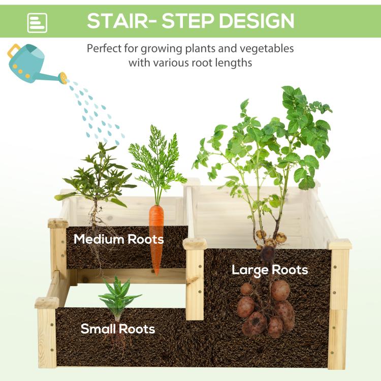 Wooden 3-tier raised planter with stair-step interior compartments for roots