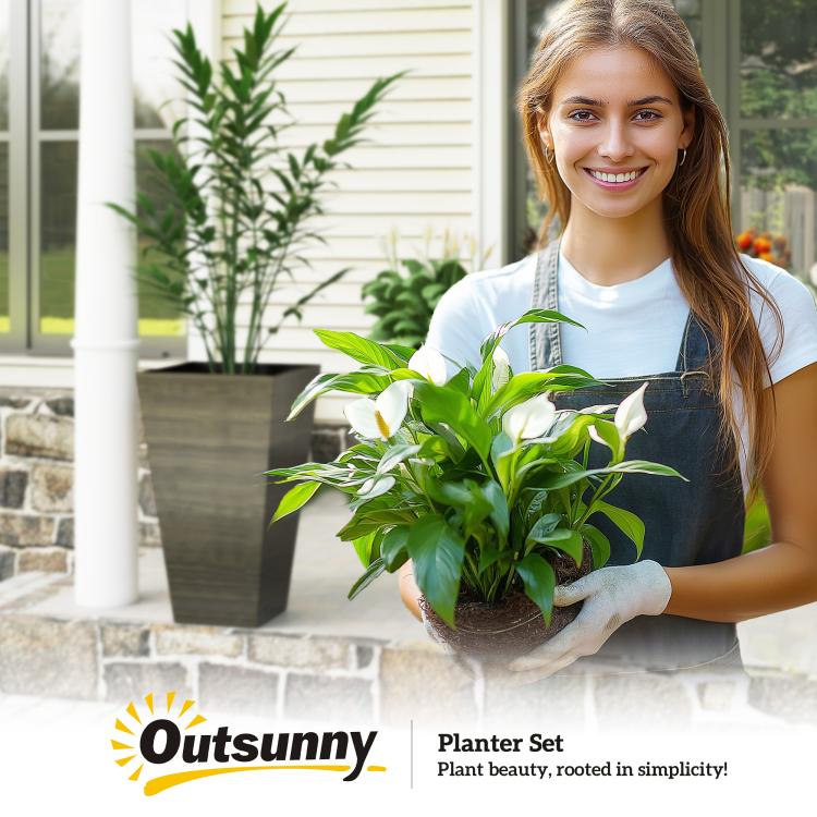 Three tall dark brown outdoor planters, open top, set of 3