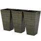 Three tall dark brown faux wood outdoor planters, rectangular shape